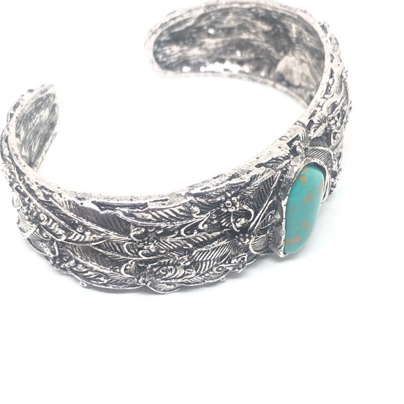 Tibetan Silver Wide Cuff Bracelet with Turquoise - Picture 6 of 11